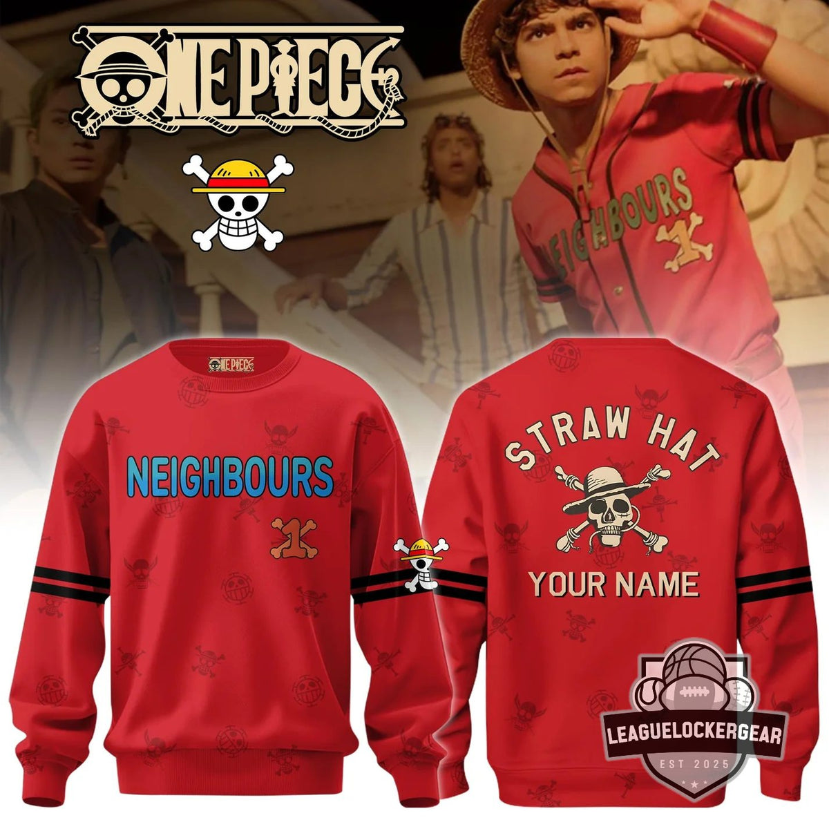 One Piece Straw Hat Pirates Neighbours Baseball Custom Name Sweatshirt - LeagueLockerGear