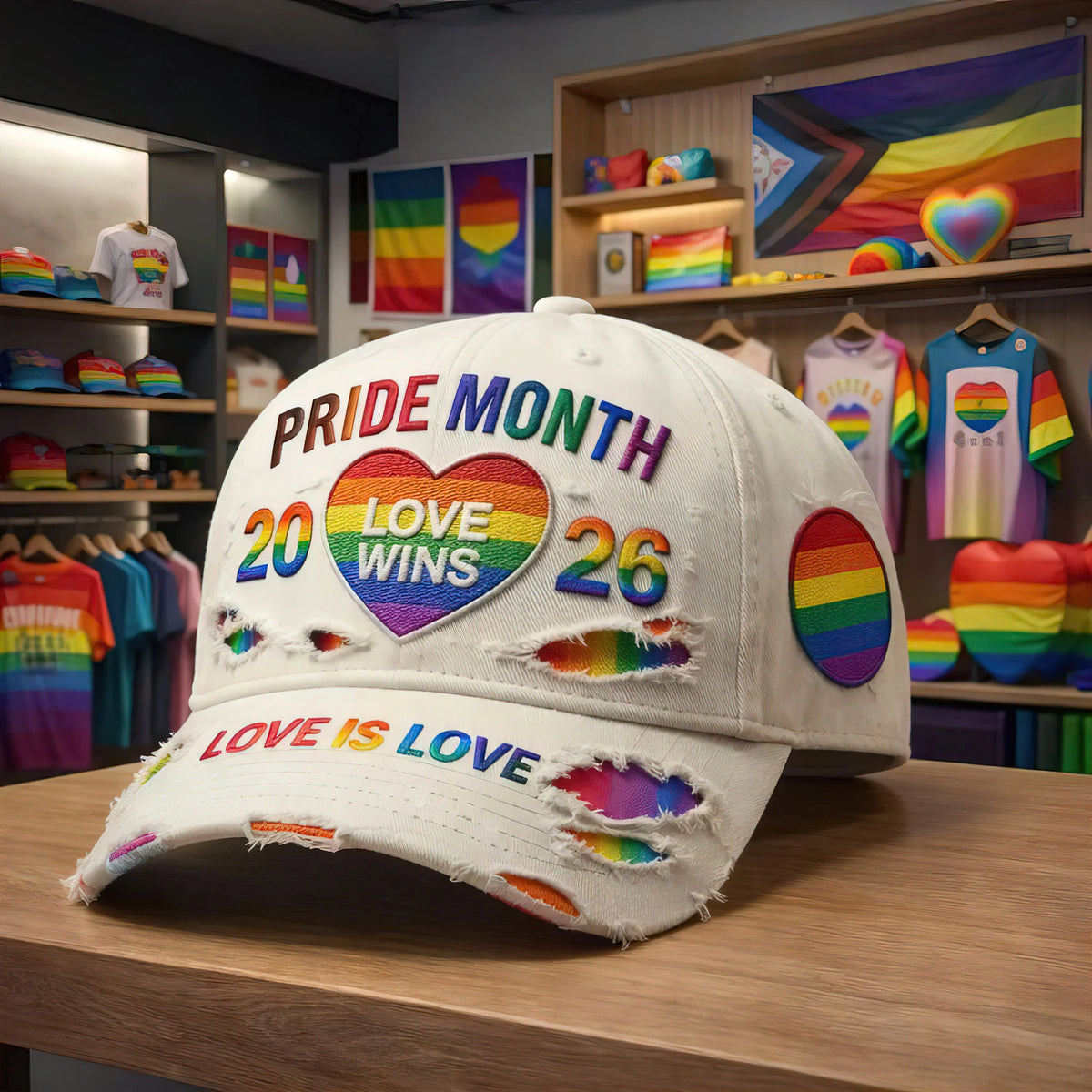 Pride Month 2026 Love Wins Love is Love Distressed Baseball Cap - LeagueLockerGear
