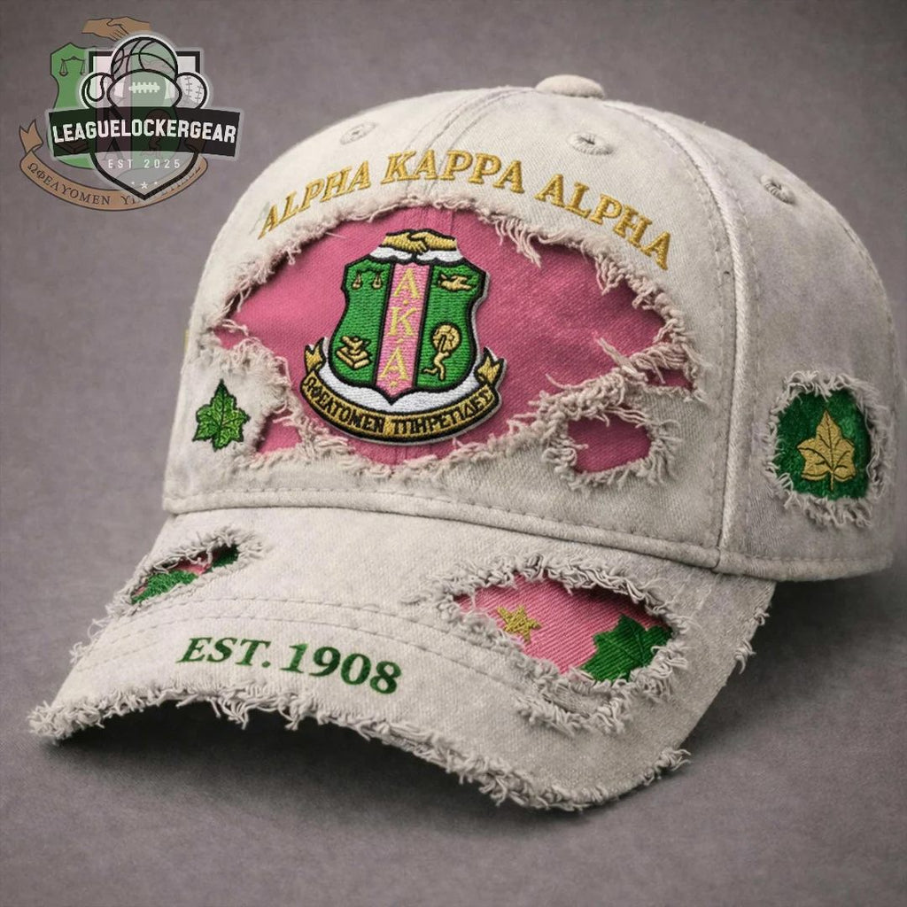 Alpha Kappa Alpha EST 1908 Distressed Ivy Leaf Baseball Cap - LeagueLockerGear