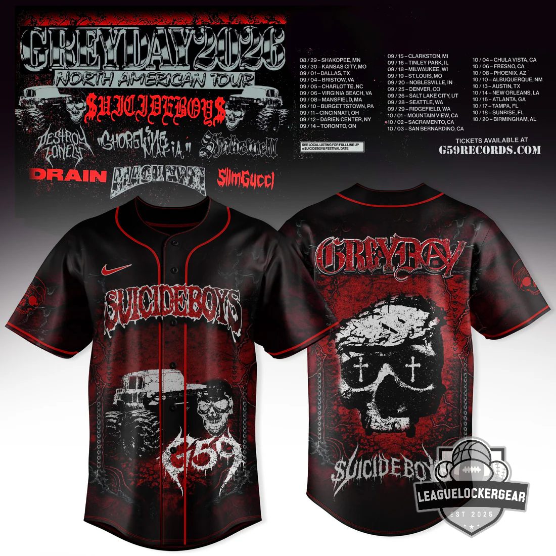 $uicideboy$ Grey Day 2026 North American Tour Baseball Jersey - LeagueLockerGear