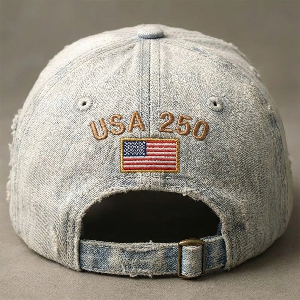 USA Patriotic 250th Anniversary 1776-2026 Distressed Denim Cap - LeagueLockerGear