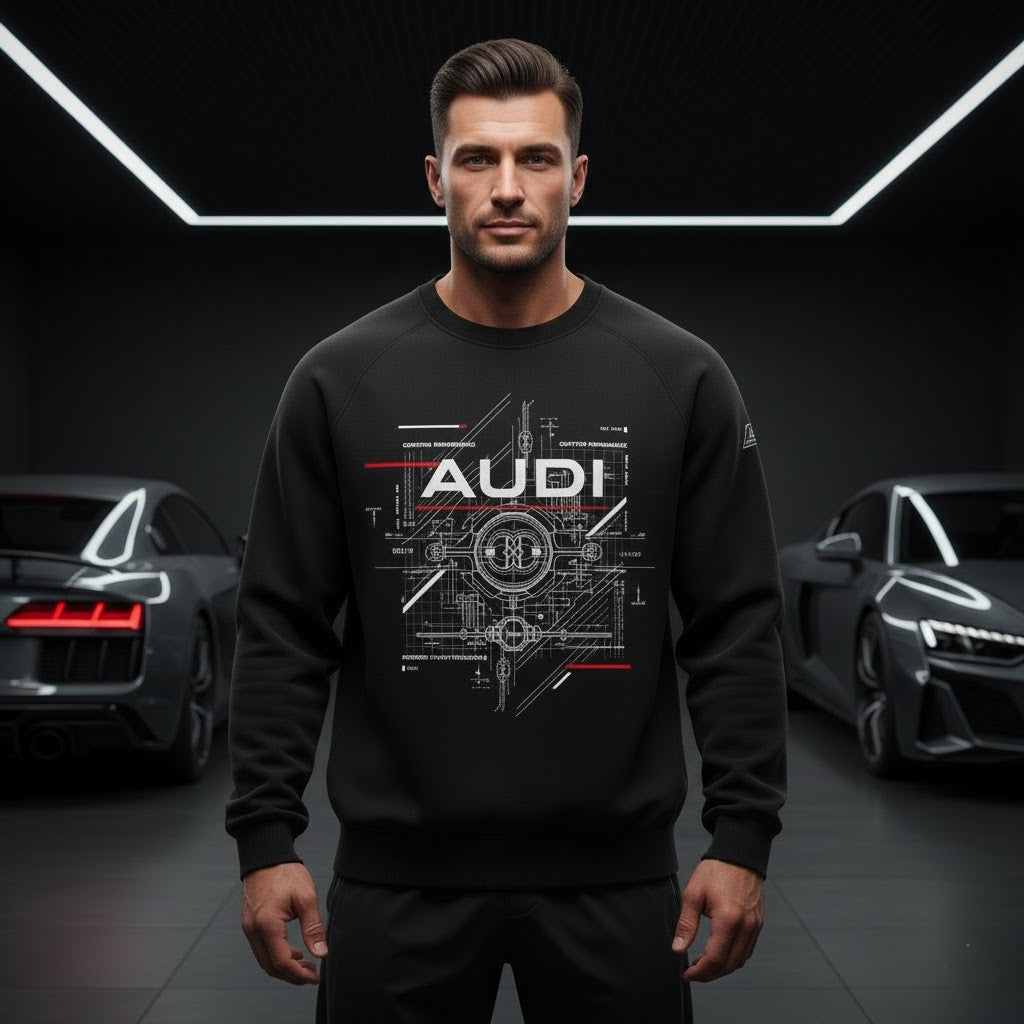 Audi 3D Graphic Crewneck Sweatshirt - Audi Blueprint & Performance - Black - LeagueLockerGear