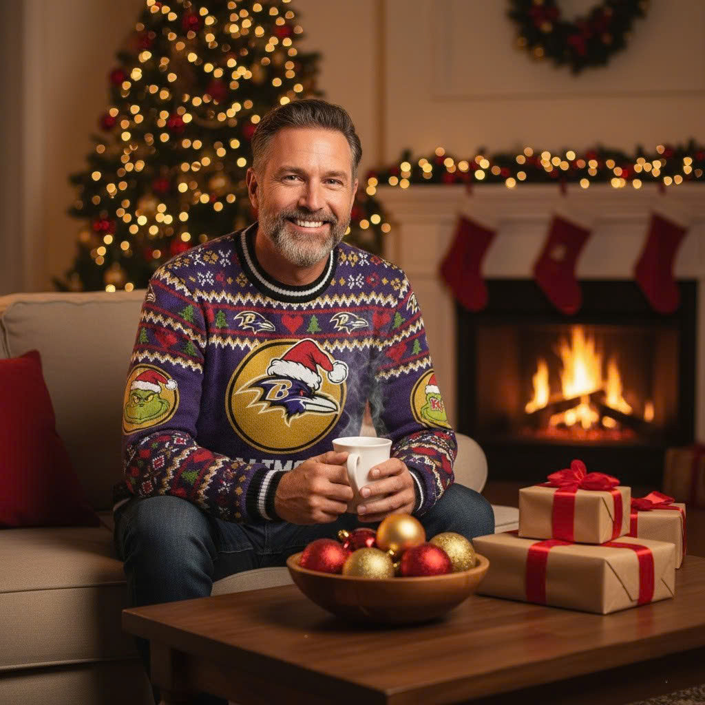 Baltimore Ravens x The Grinch Ugly Christmas Sweater – Purple & Gold "Stealing Christmas" Knit - LeagueLockerGear
