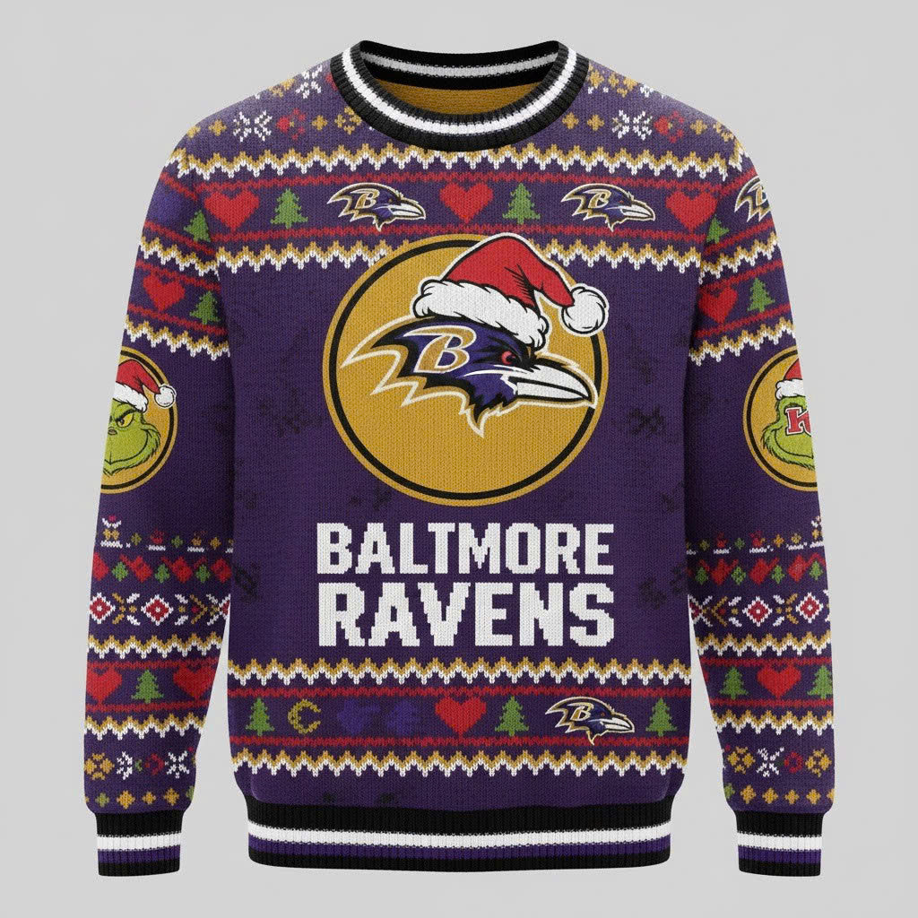 Baltimore Ravens x The Grinch Ugly Christmas Sweater – Purple & Gold "Stealing Christmas" Knit - LeagueLockerGear
