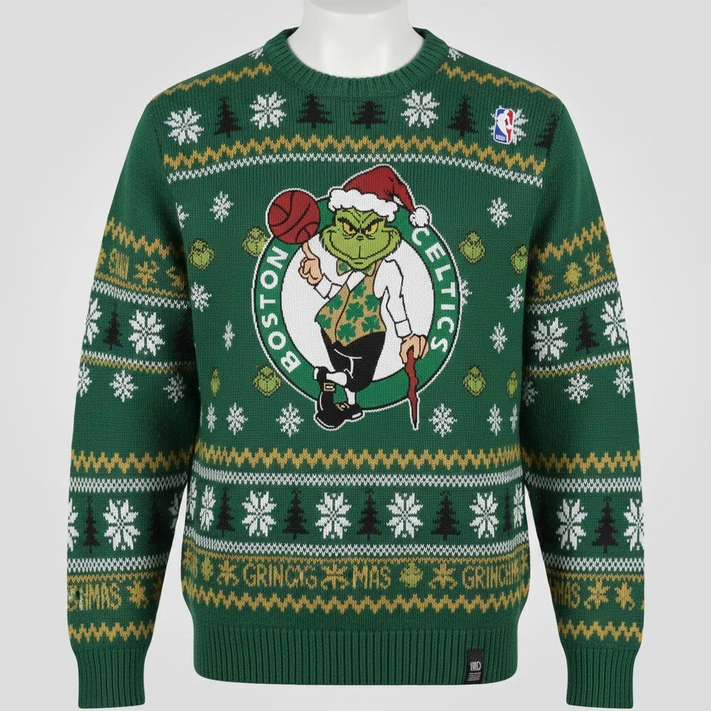 Boston Celtics x The Grinch Ugly Christmas Sweater – Green & White "Grinchmas" Knit - LeagueLockerGear