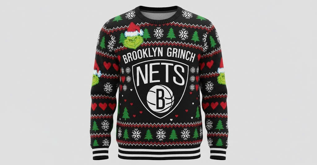 Brooklyn Nets x The Grinch Ugly Christmas Sweater – Black & White "Grinchmas" Knit - LeagueLockerGear