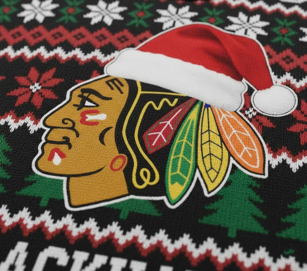 Chicago Blackhawks NHL Ugly Christmas Sweater – Red, Black & Green "Hawks" Holiday Knit - LeagueLockerGear