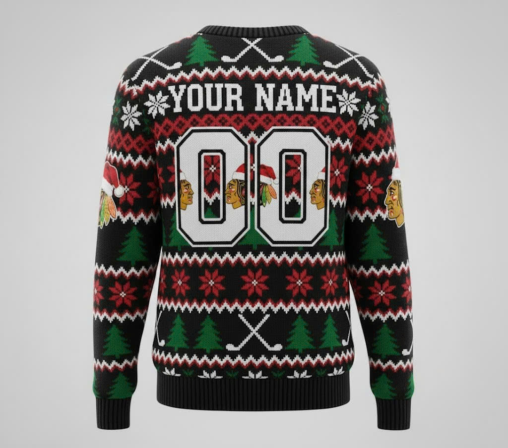 Chicago Blackhawks NHL Ugly Christmas Sweater – Red, Black & Green "Hawks" Holiday Knit - LeagueLockerGear