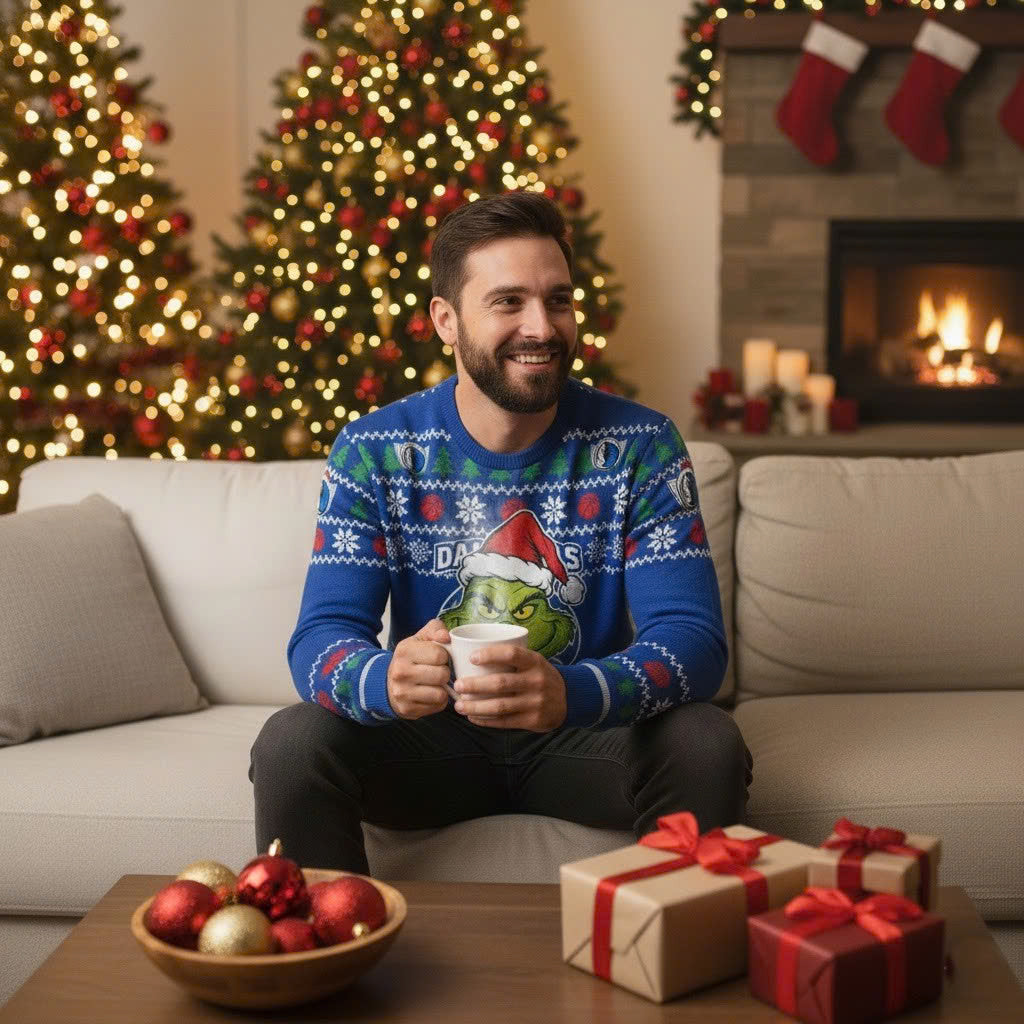 Dallas Mavericks x The Grinch Ugly Christmas Sweater – Royal Blue & Green "Grinchmas" Knit - LeagueLockerGear