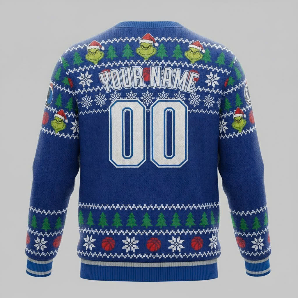 Dallas Mavericks x The Grinch Ugly Christmas Sweater – Royal Blue & Green "Grinchmas" Knit - LeagueLockerGear