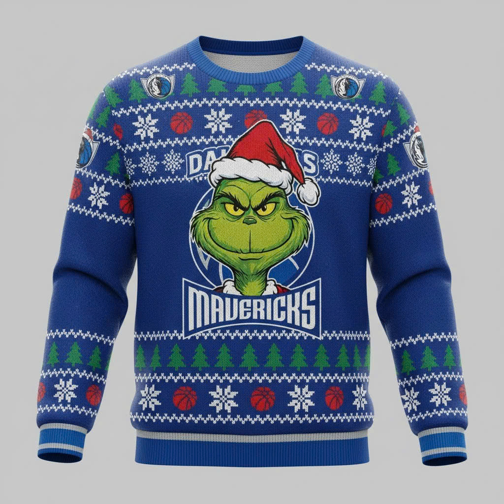 Dallas Mavericks x The Grinch Ugly Christmas Sweater – Royal Blue & Green "Grinchmas" Knit - LeagueLockerGear
