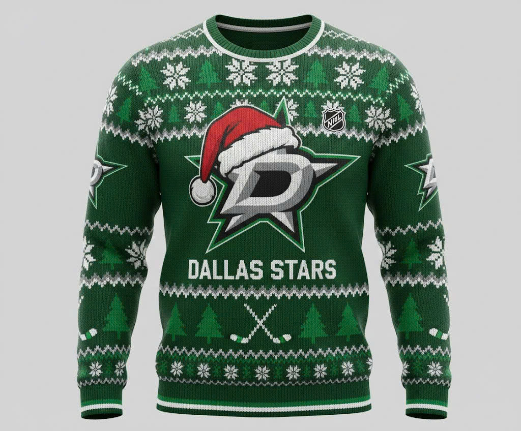 Dallas Stars NHL Ugly Christmas Sweater – Green & White "Stars" Holiday Knit - LeagueLockerGear
