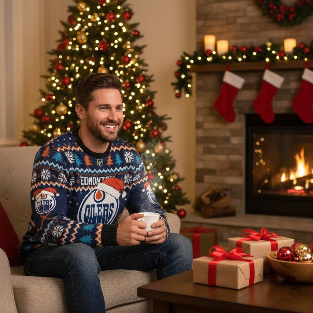 Edmonton Oilers NHL Ugly Christmas Sweater – Blue & Orange "Oilers" Holiday Knit - LeagueLockerGear