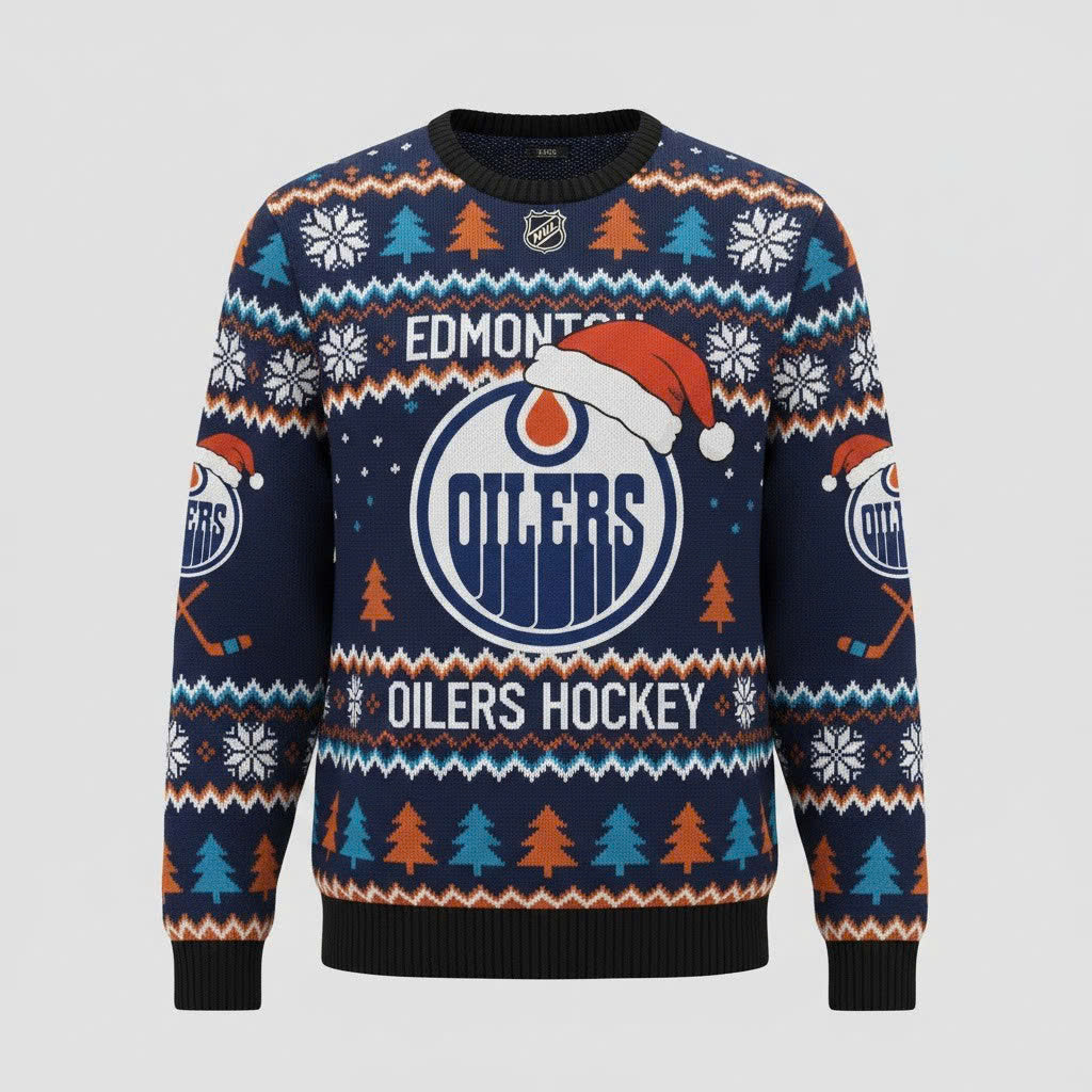 Edmonton Oilers NHL Ugly Christmas Sweater – Blue & Orange "Oilers" Holiday Knit - LeagueLockerGear