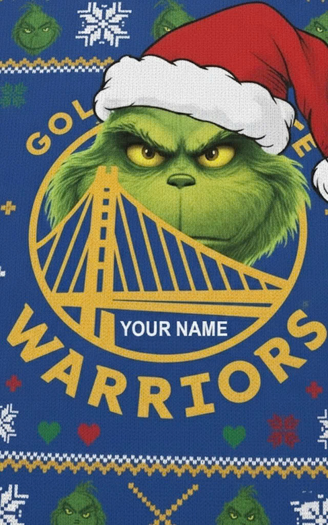 Golden State Warriors x The Grinch Ugly Christmas Sweater – Royal Blue & Gold "Grinchmas" Knit - LeagueLockerGear