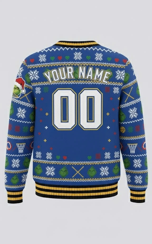 Golden State Warriors x The Grinch Ugly Christmas Sweater – Royal Blue & Gold "Grinchmas" Knit - LeagueLockerGear