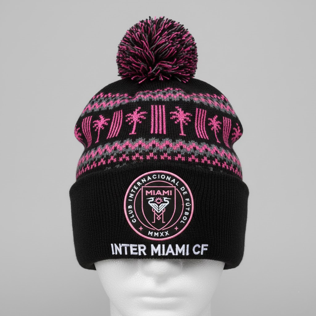 Inter Miami CF Winter Knit Beanie Hat – Official MLS Crest Pom-Pom Hat (Pink/Black Edition) - LeagueLockerGear