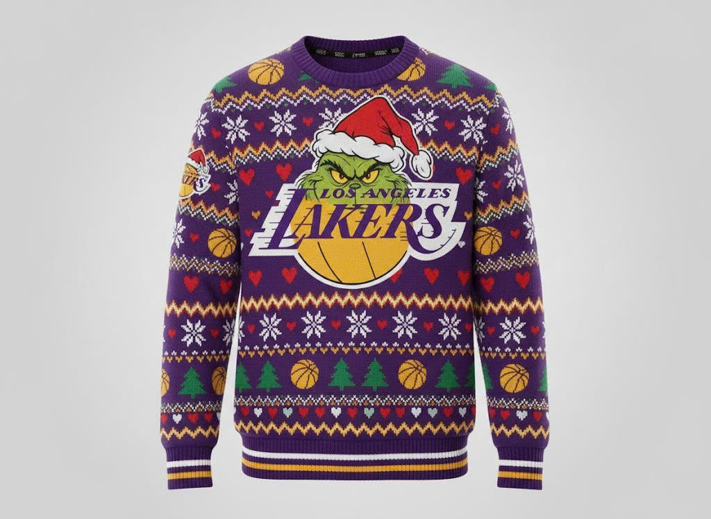 Los Angeles Lakers x The Grinch Ugly Christmas Sweater – Purple & Gold "Grinchmas" Knit - LeagueLockerGear