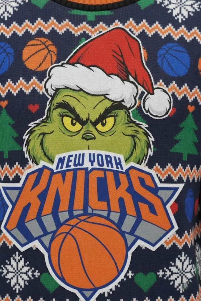New York Knicks x The Grinch Ugly Christmas Sweater – Navy & Orange "Grinchmas" Knit - LeagueLockerGear