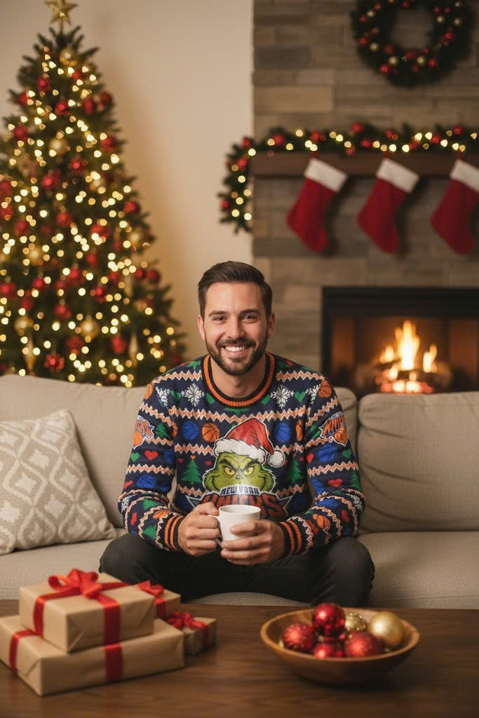 New York Knicks x The Grinch Ugly Christmas Sweater – Navy & Orange "Grinchmas" Knit - LeagueLockerGear