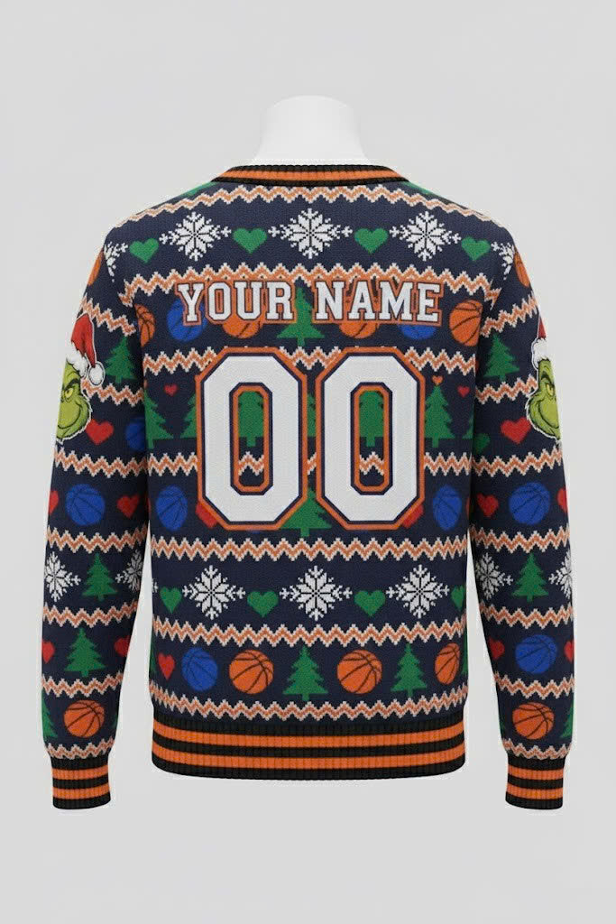 New York Knicks x The Grinch Ugly Christmas Sweater – Navy & Orange "Grinchmas" Knit - LeagueLockerGear
