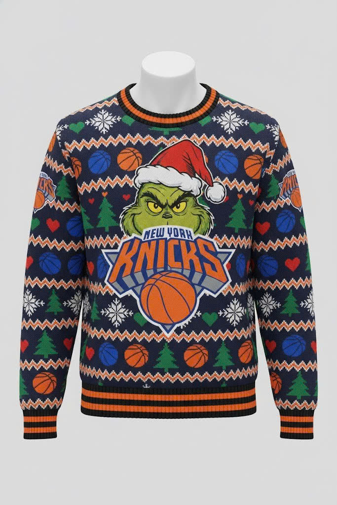 New York Knicks x The Grinch Ugly Christmas Sweater – Navy & Orange "Grinchmas" Knit - LeagueLockerGear
