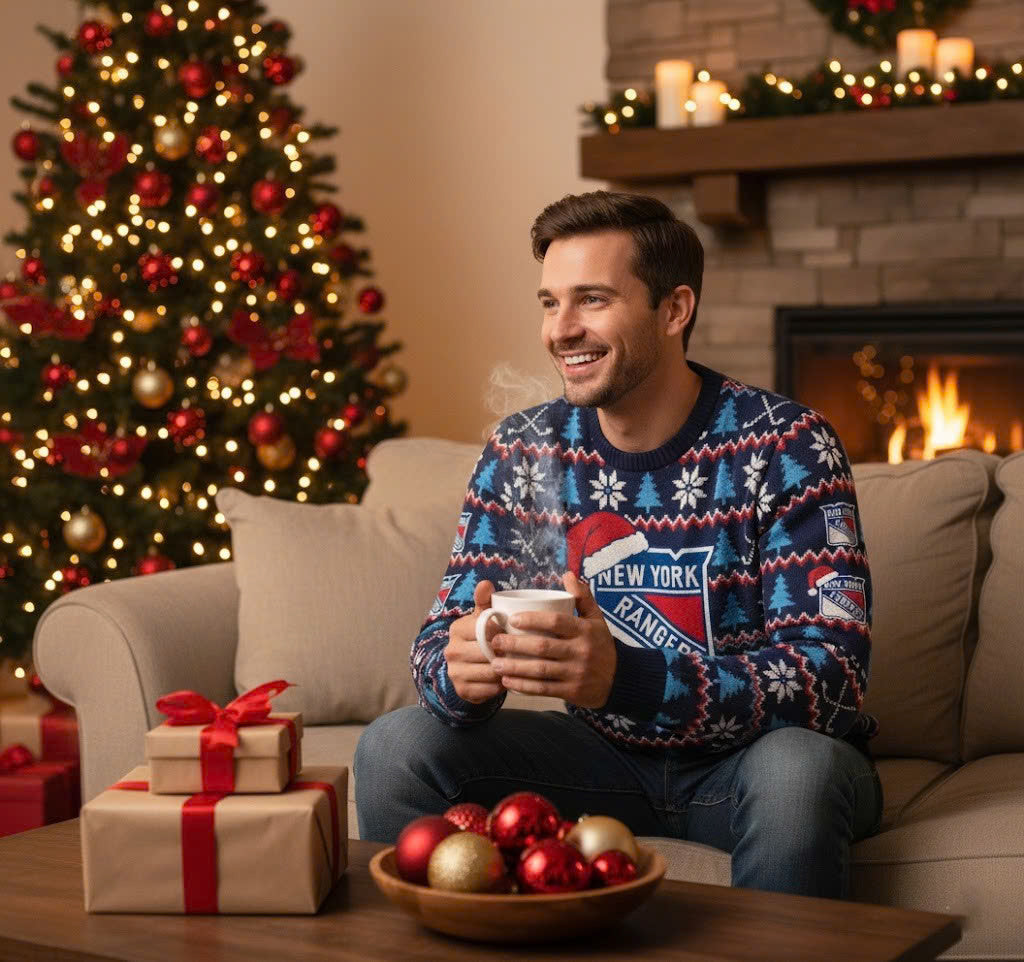 New York Rangers NHL Ugly Christmas Sweater – Blue, Red & White "Broadway Blueshirts" Holiday Knit - LeagueLockerGear
