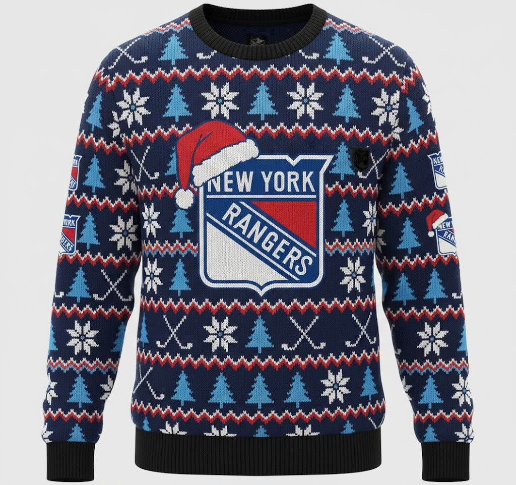 New York Rangers NHL Ugly Christmas Sweater – Blue, Red & White "Broadway Blueshirts" Holiday Knit - LeagueLockerGear