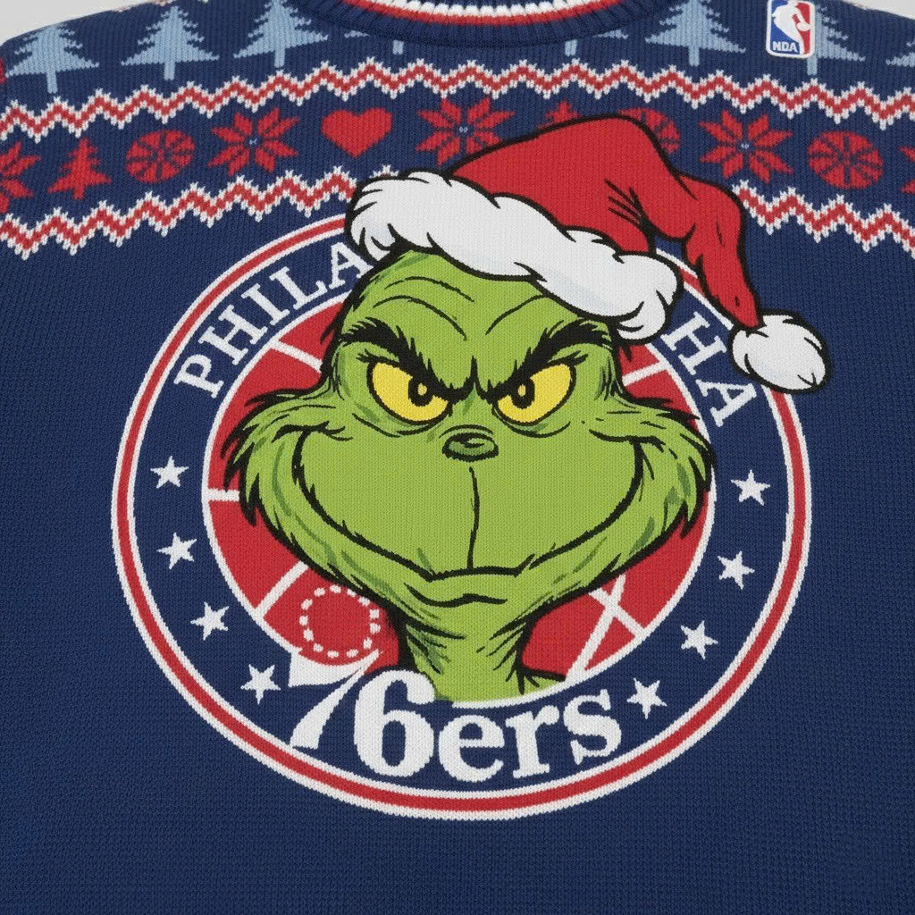 Philadelphia 76ers x The Grinch Ugly Christmas Sweater – Royal Blue & Red "Grinchmas" Knit - LeagueLockerGear