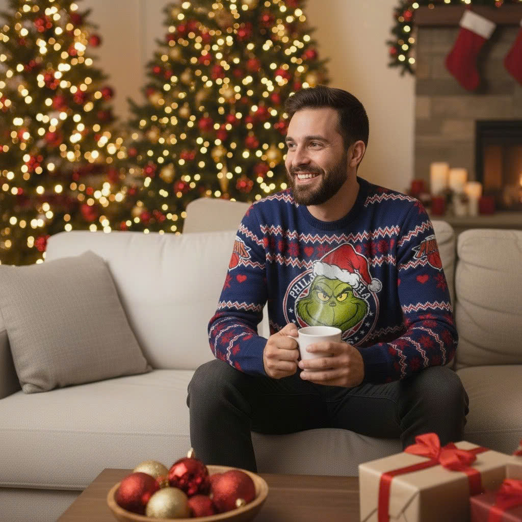 Philadelphia 76ers x The Grinch Ugly Christmas Sweater – Royal Blue & Red "Grinchmas" Knit - LeagueLockerGear