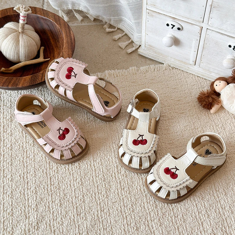 Summer Girls Cherry Embroidery Sandals Flat Cute Lace Trim Kids Beach Shoes Closed Toe Hollow-Out Sweet Toddler Footwear 21-30
