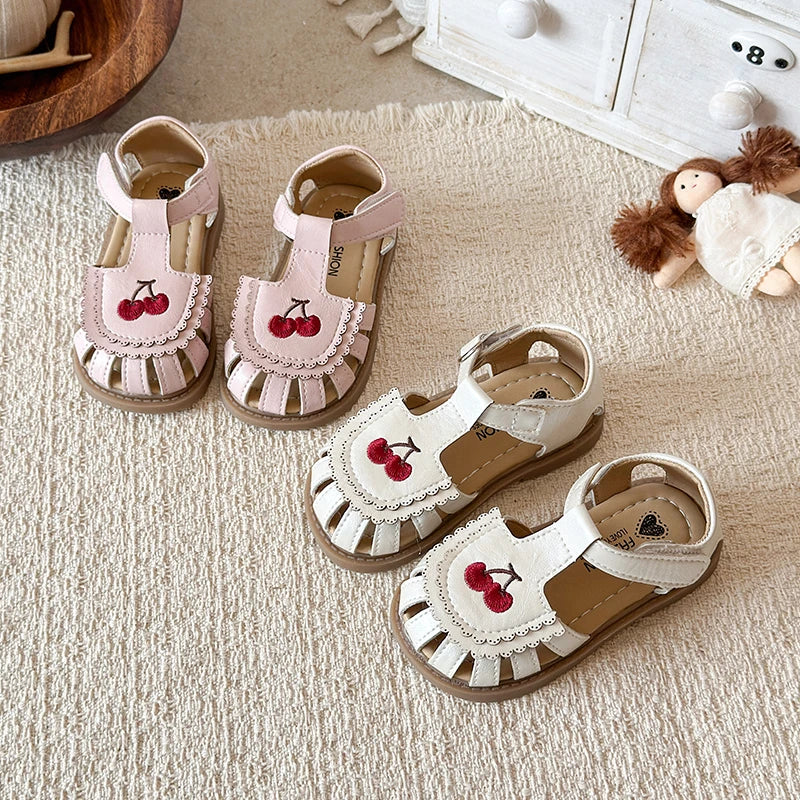 Summer Girls Cherry Embroidery Sandals Flat Cute Lace Trim Kids Beach Shoes Closed Toe Hollow-Out Sweet Toddler Footwear 21-30