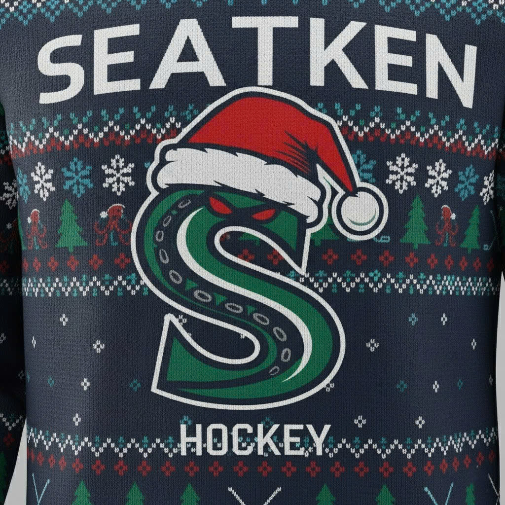 Seattle Kraken NHL Ugly Christmas Sweater – Deep Sea Blue & Ice Blue "Kraken" Holiday Knit - LeagueLockerGear