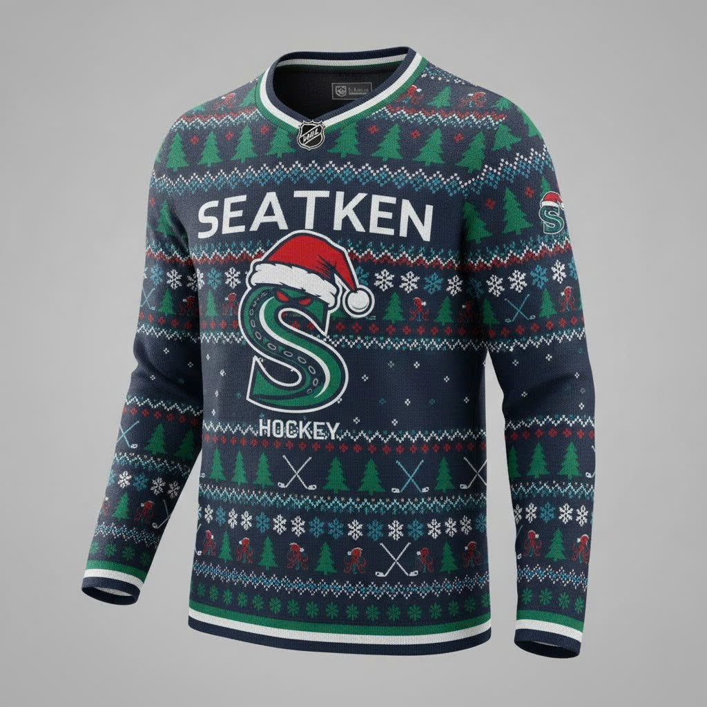 Seattle Kraken NHL Ugly Christmas Sweater – Deep Sea Blue & Ice Blue "Kraken" Holiday Knit - LeagueLockerGear