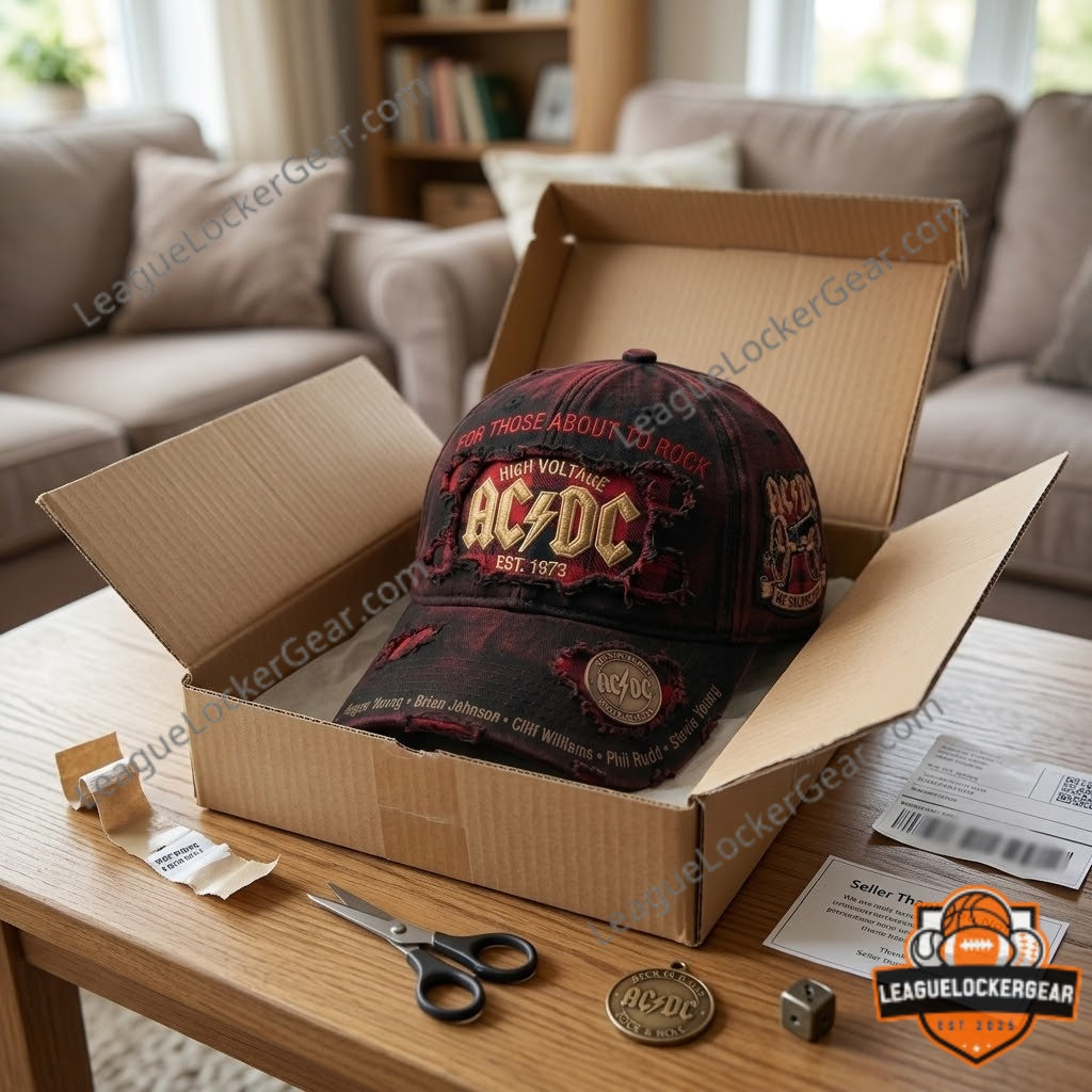 AC/DC Est 1973 High Voltage Back In Black Distressed Baseball Cap - LeagueLockerGear
