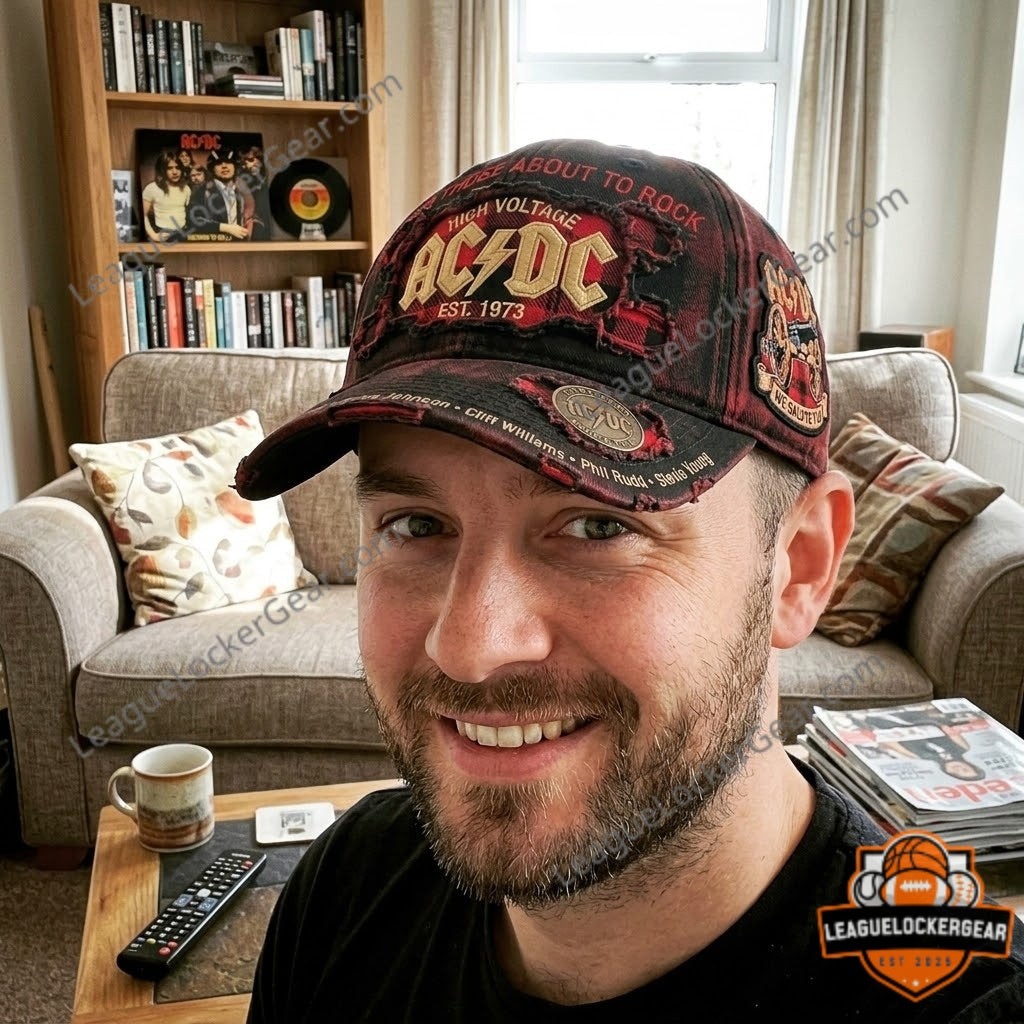 AC/DC Est 1973 High Voltage Back In Black Distressed Baseball Cap - LeagueLockerGear