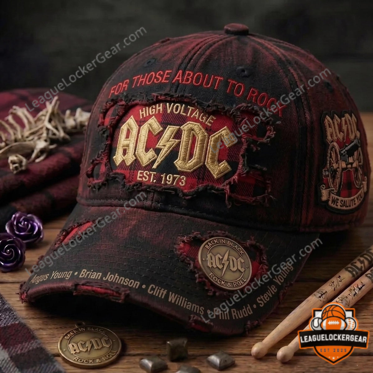 AC/DC Est 1973 High Voltage Back In Black Distressed Baseball Cap - LeagueLockerGear