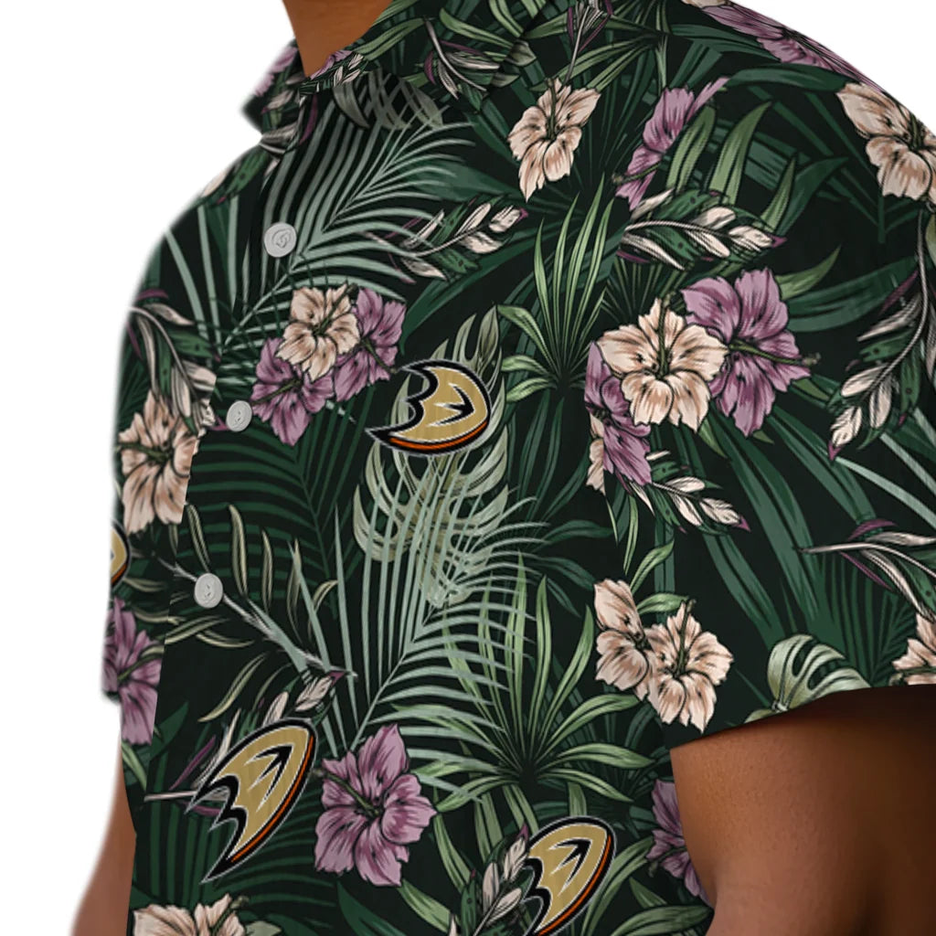 Anaheim Ducks Hawaiian Shirt - Hibiscus Leaves Pattern | Hula Hawaiian Shirts