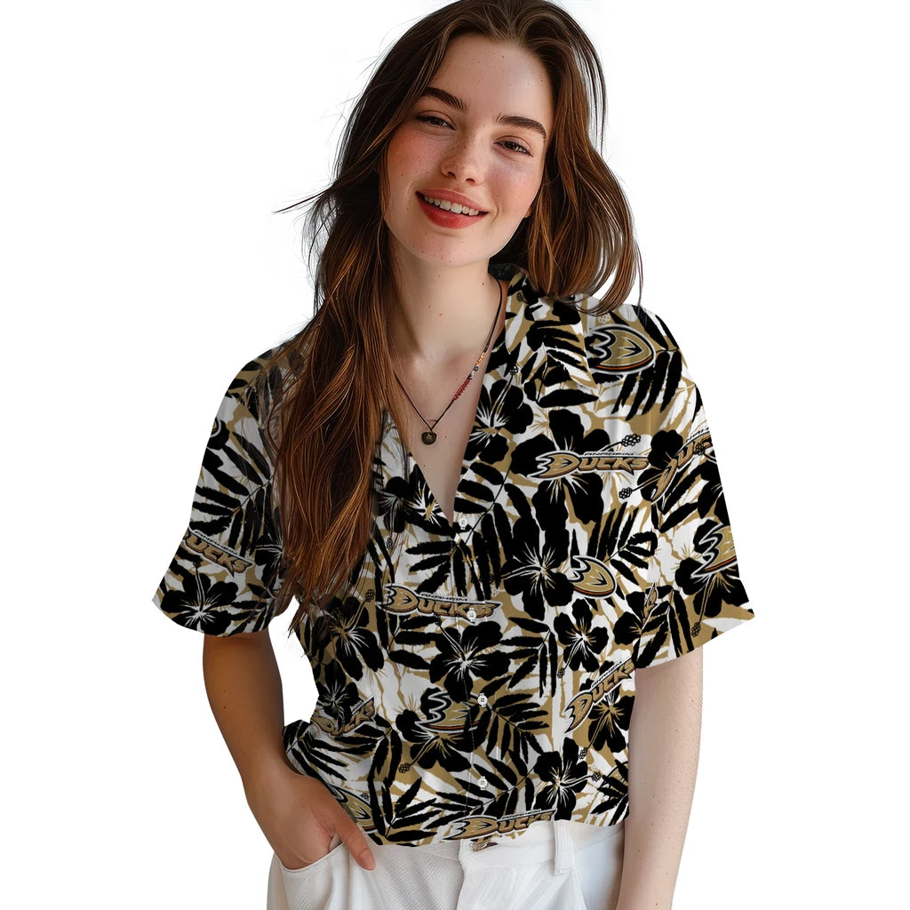 Anaheim Ducks Hawaiian Shirt - Hibiscus Overlay | Hula Hawaiian Shirts