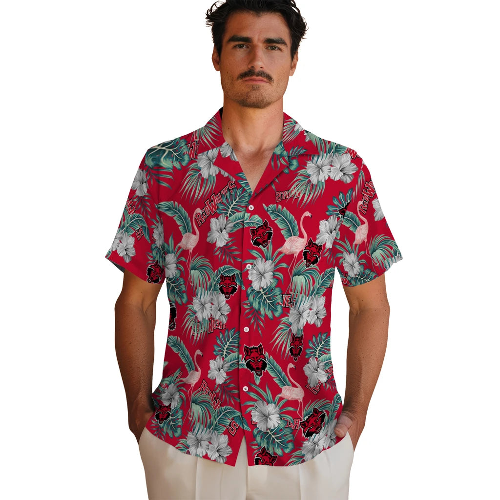 Arkansas State Red Wolves Hawaiian Shirt - Flamingo and Hibiscus | Hula Hawaiian Shirts