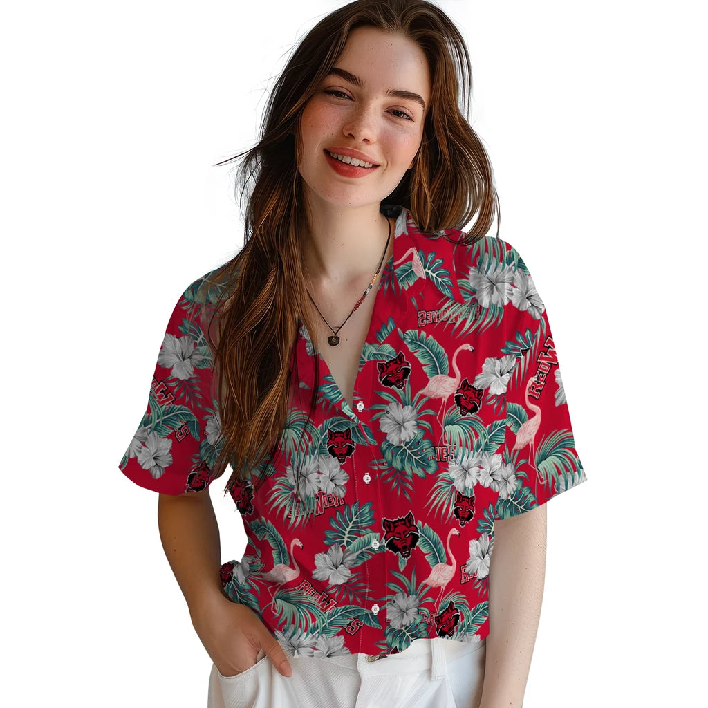 Arkansas State Red Wolves Hawaiian Shirt - Flamingo and Hibiscus | Hula Hawaiian Shirts