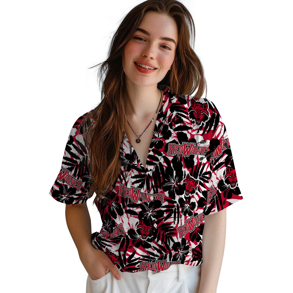 Arkansas State Red Wolves Hawaiian Shirt - Hibiscus Overlay | Hula Hawaiian Shirts