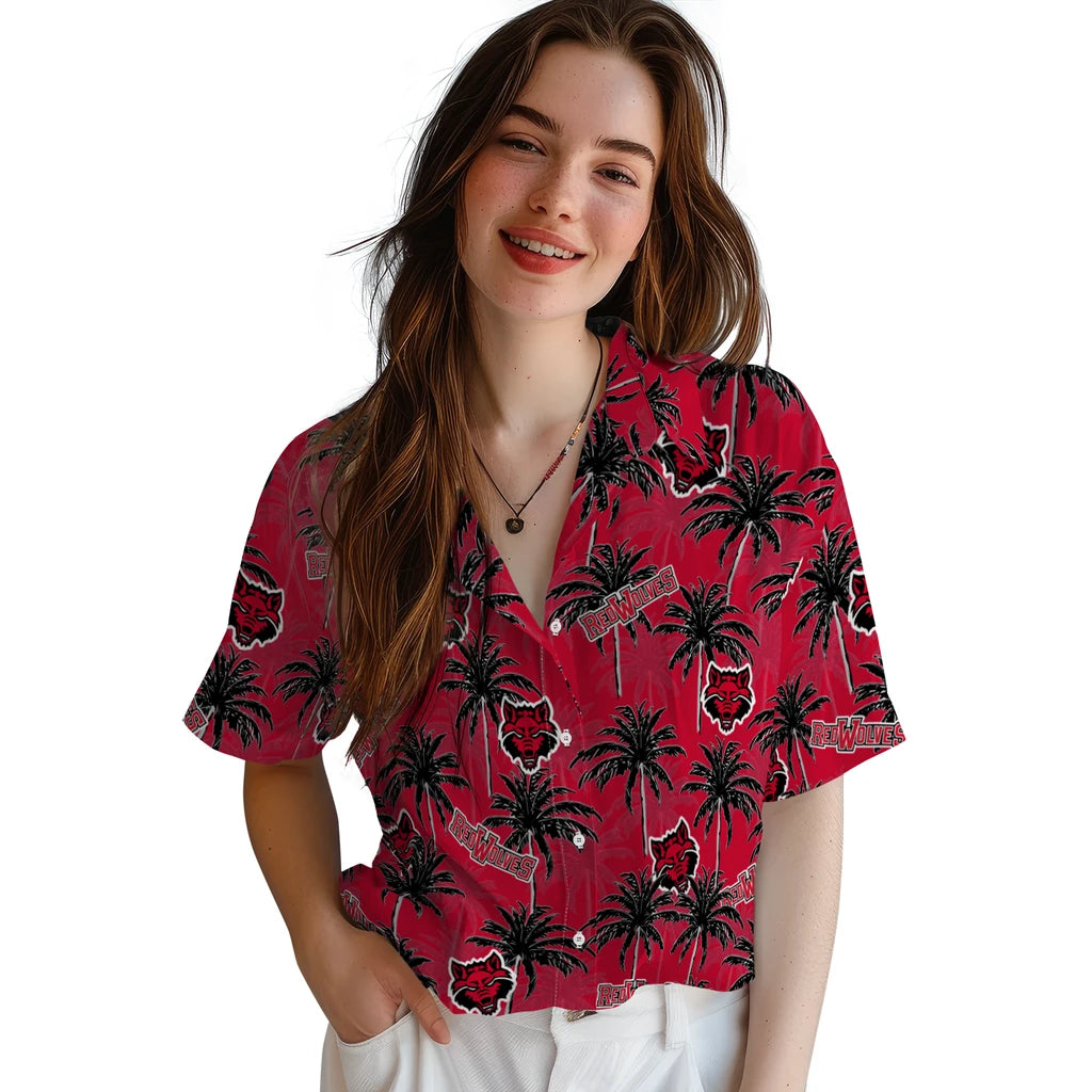 Arkansas State Red Wolves Hawaiian Shirt - Palm Tree Motif | Hula Hawaiian Shirts