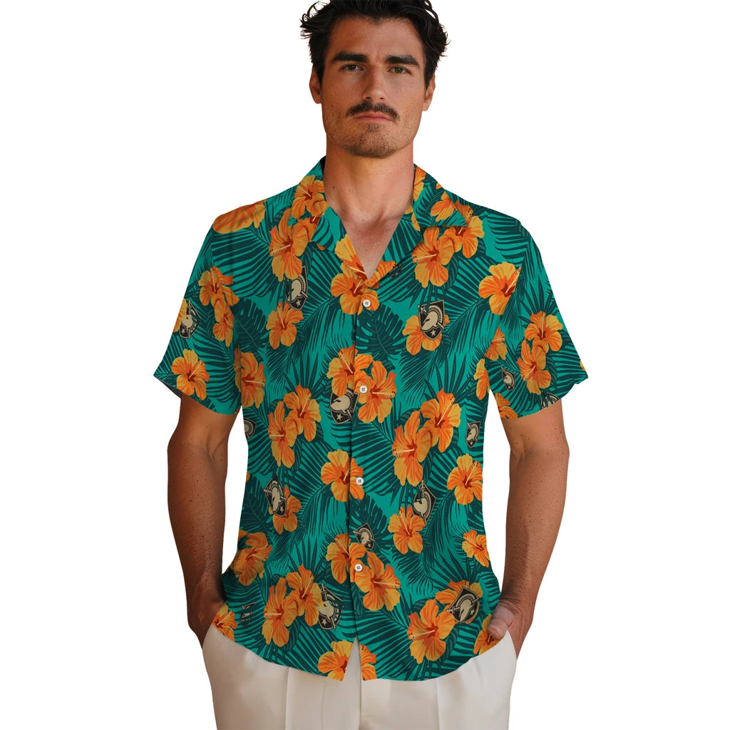 Army Black Knights Hawaiian Shirt - Hibiscus and Palm Leaves | Hula Hawaiian Shirts