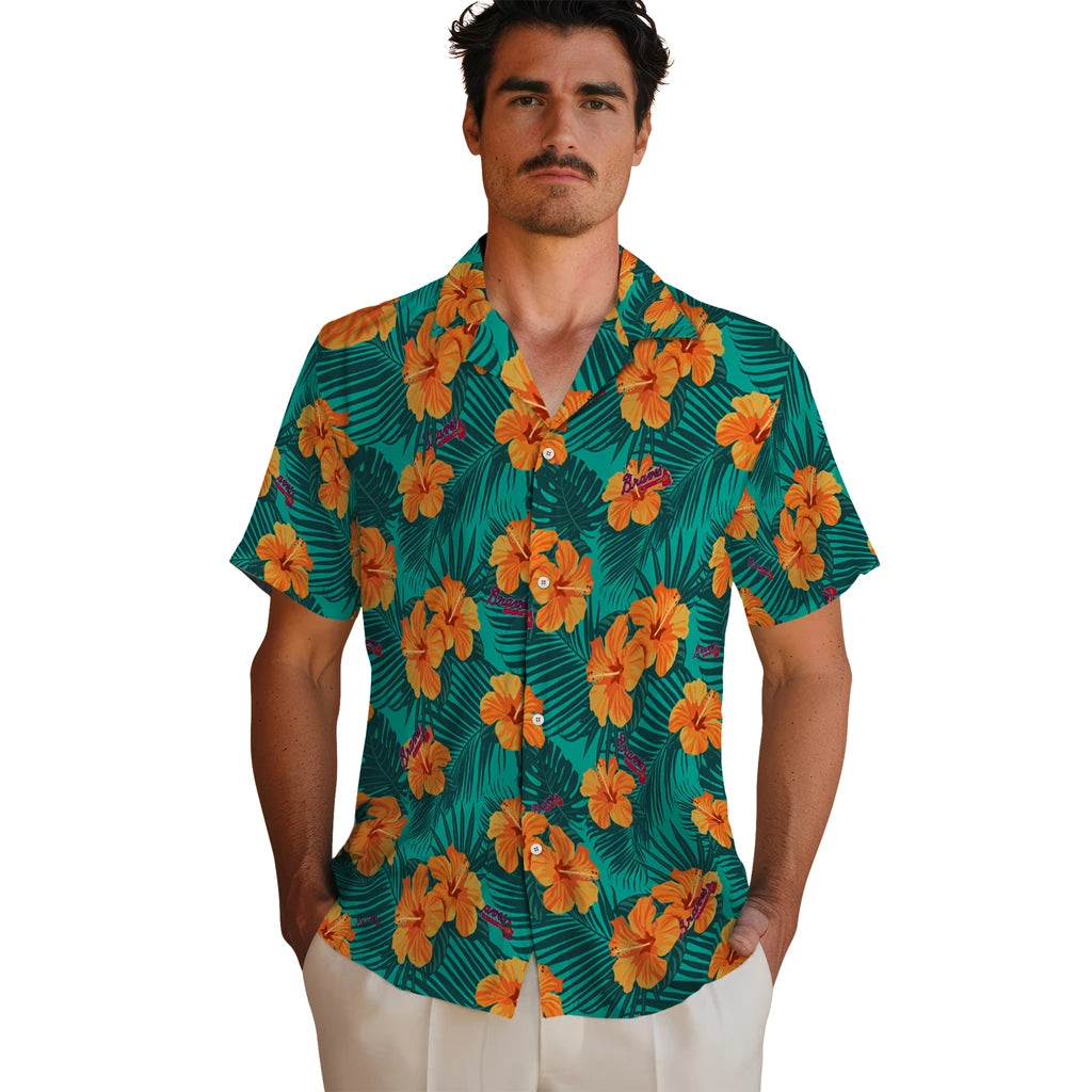 Atlanta Braves Hawaiian Shirt - Hibiscus and Palm Leaves | Hula Hawaiian Shirts