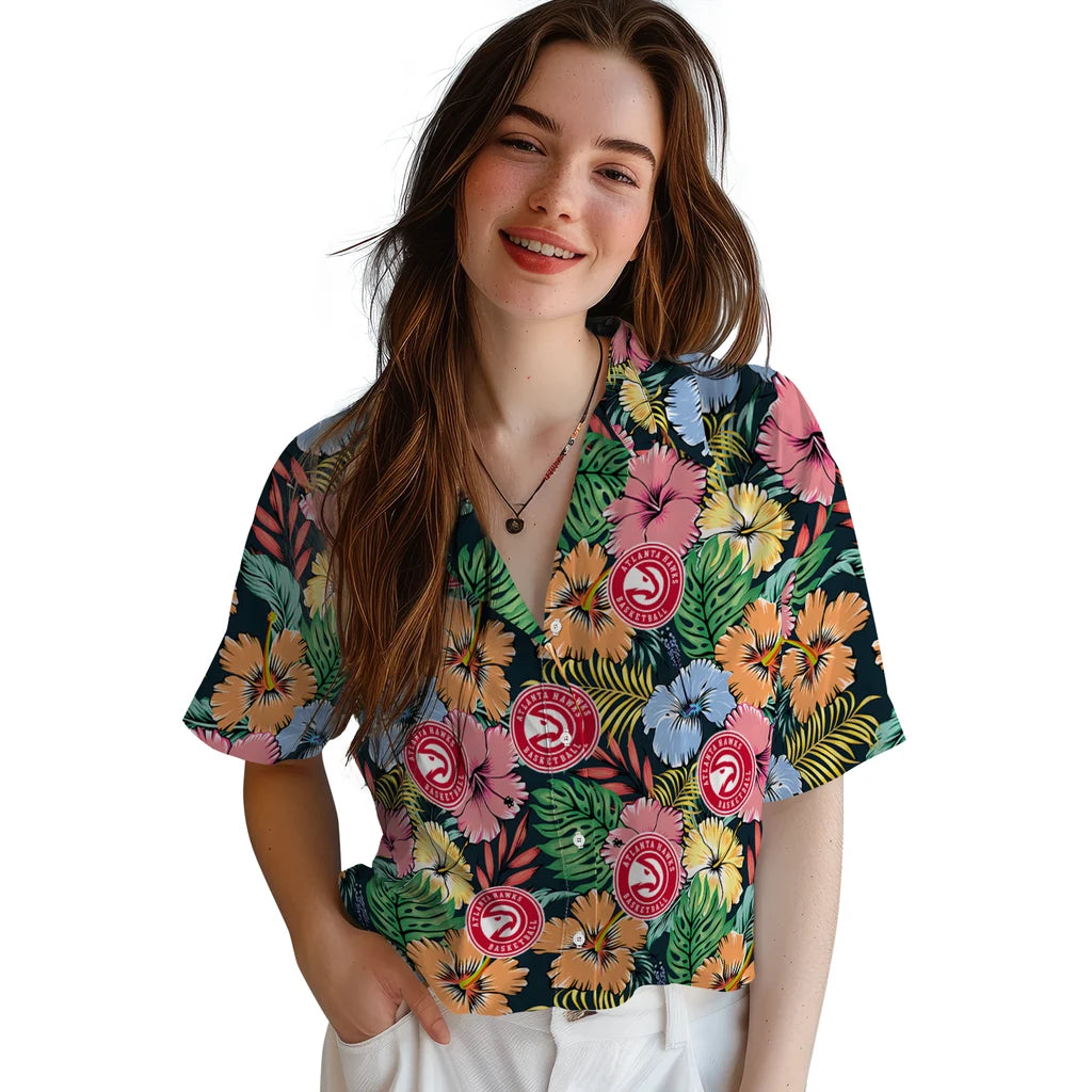 Atlanta Hawks Hawaiian Shirt - Brilliant Hibiscus Garden | Hula Hawaiian Shirts