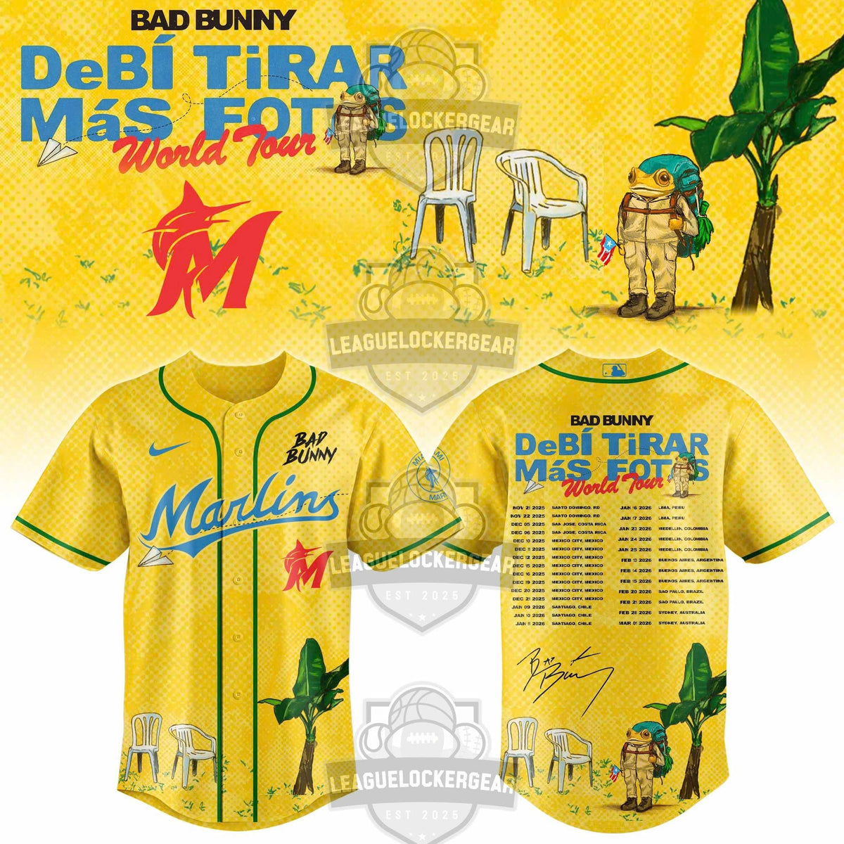 Bad Bunny DeBí Tirar Más Fotos World Tour Miami Marlins Collaboration Baseball Jersey - LeagueLockerGear