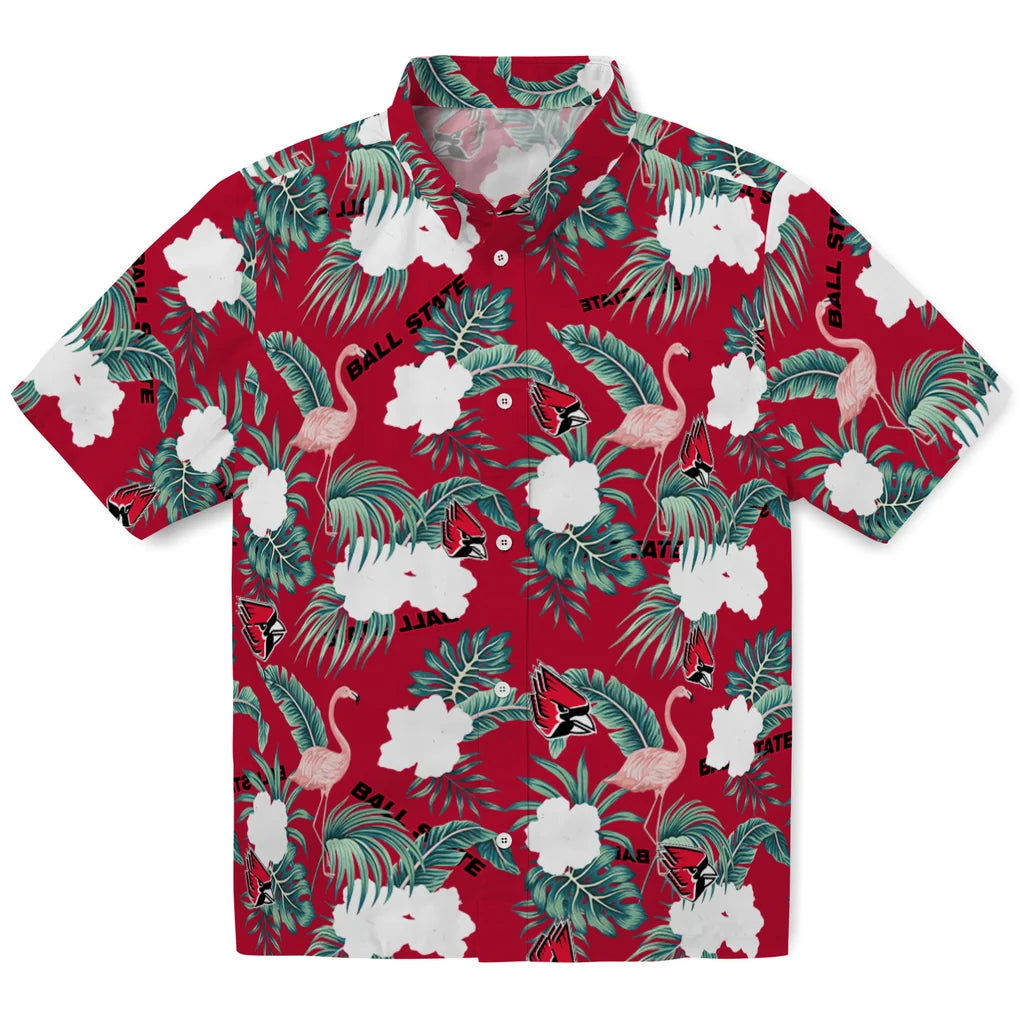 Ball State Cardinals Hawaiian Shirt - Flamingo and Hibiscus | Hula Hawaiian Shirts