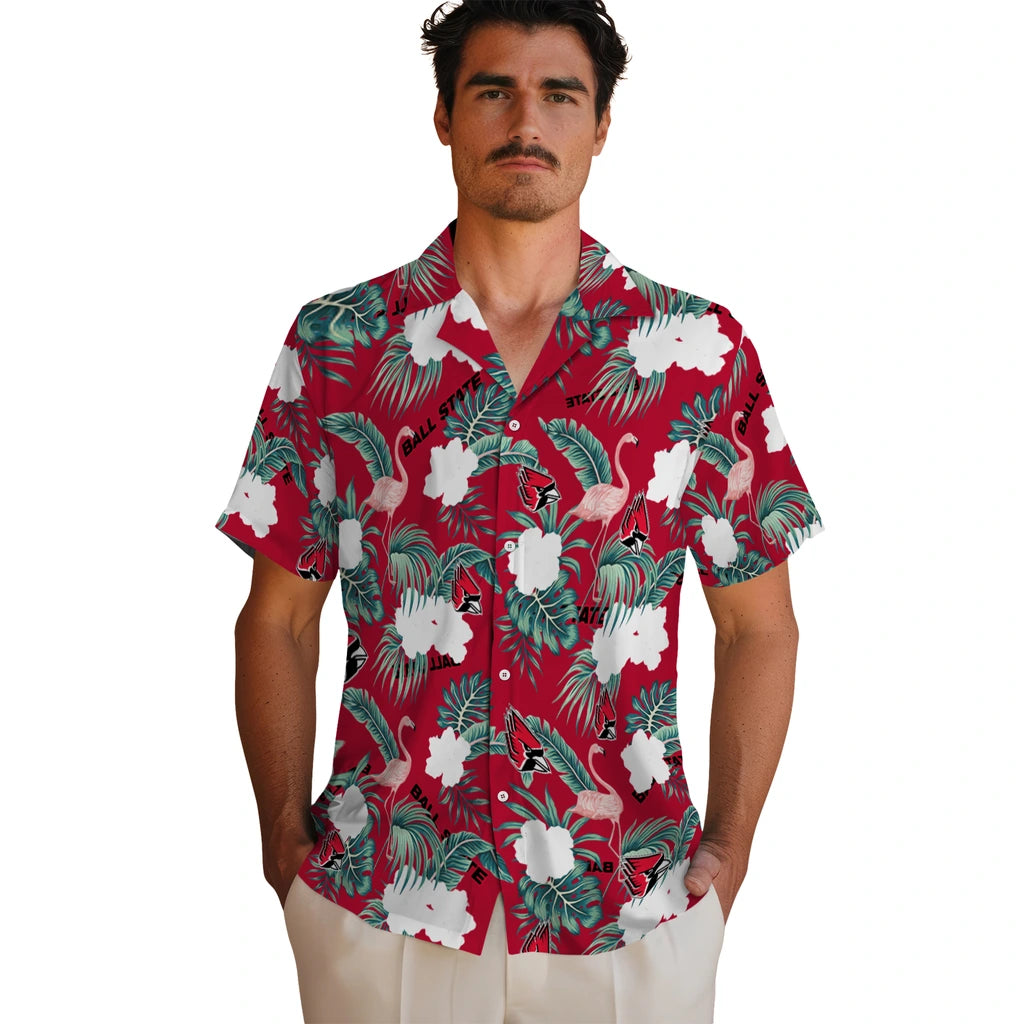 Ball State Cardinals Hawaiian Shirt - Flamingo and Hibiscus | Hula Hawaiian Shirts