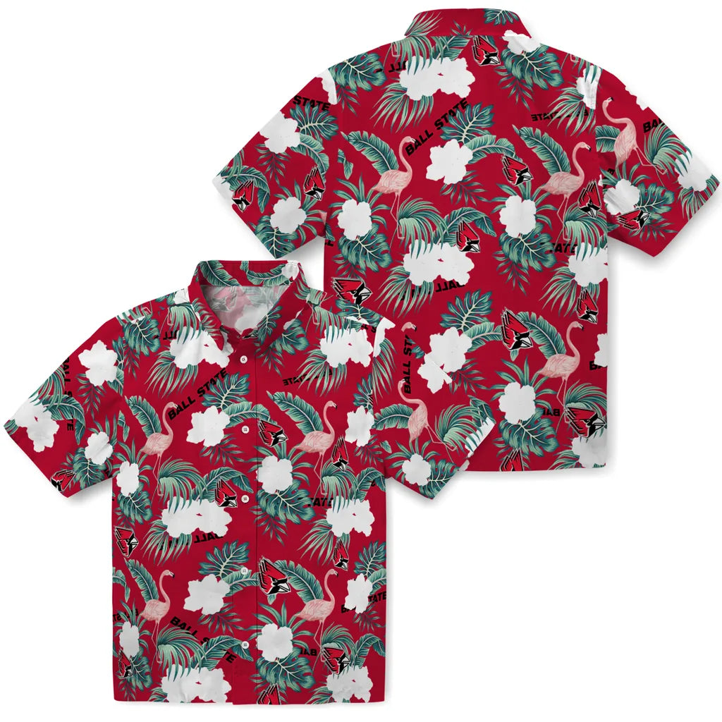 Ball State Cardinals Hawaiian Shirt - Flamingo and Hibiscus | Hula Hawaiian Shirts